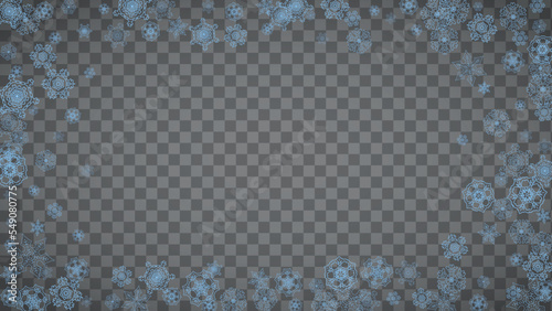 Snowflakes frame on transparent background. Christmas and Happy New Year. Isolated horizontal snowflakes frame for banners, gift cards, party invitation, partner compliment and special business offer