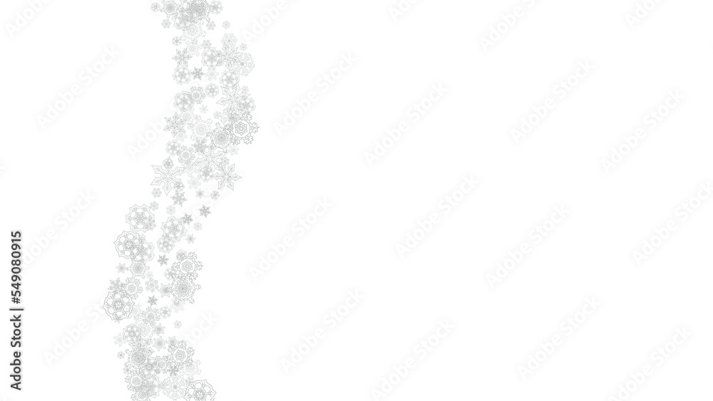 Snowflakes falling on white background. Horizontal Christmas and Happy New Year theme. Silver falling snowflakes for banner, gift card, party invitation, partner compliment and special business offers