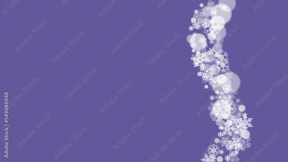 Snow window with ultraviolet snowflakes. New Year backdrop. Winter frame for flyer, gift card, invitation, business offer and ad. Christmas trendy background. Holiday frosty banner with snow window