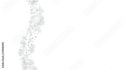 Snowflakes falling on white background. Horizontal Christmas and Happy New Year theme. Silver falling snowflakes for banner, gift card, party invitation, partner compliment and special business offers
