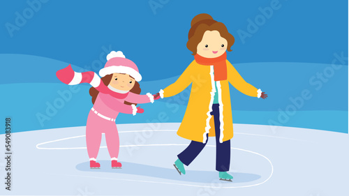 daughter with mom skating on the rink