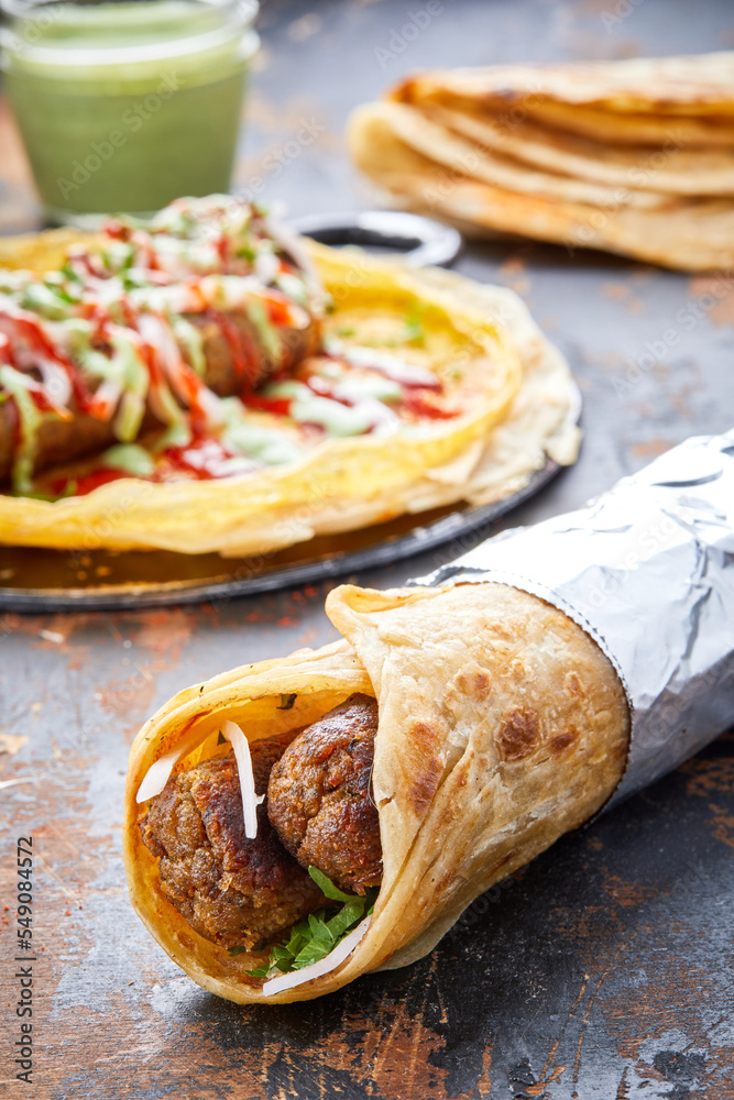 Beef Seekh Kebab paratha roll kathi shawarma wrap with dipping sauce
