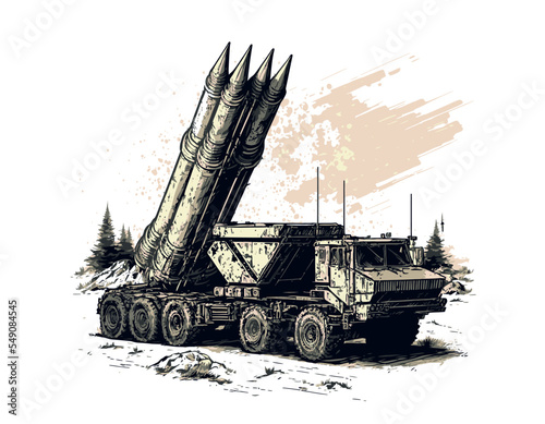 MLRS - multiple launch rocket system. Military vehicle. Hand drawing. photo