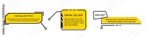 Futuristic callouts titles. Info boxes, digital information bar labels, modern description banner.