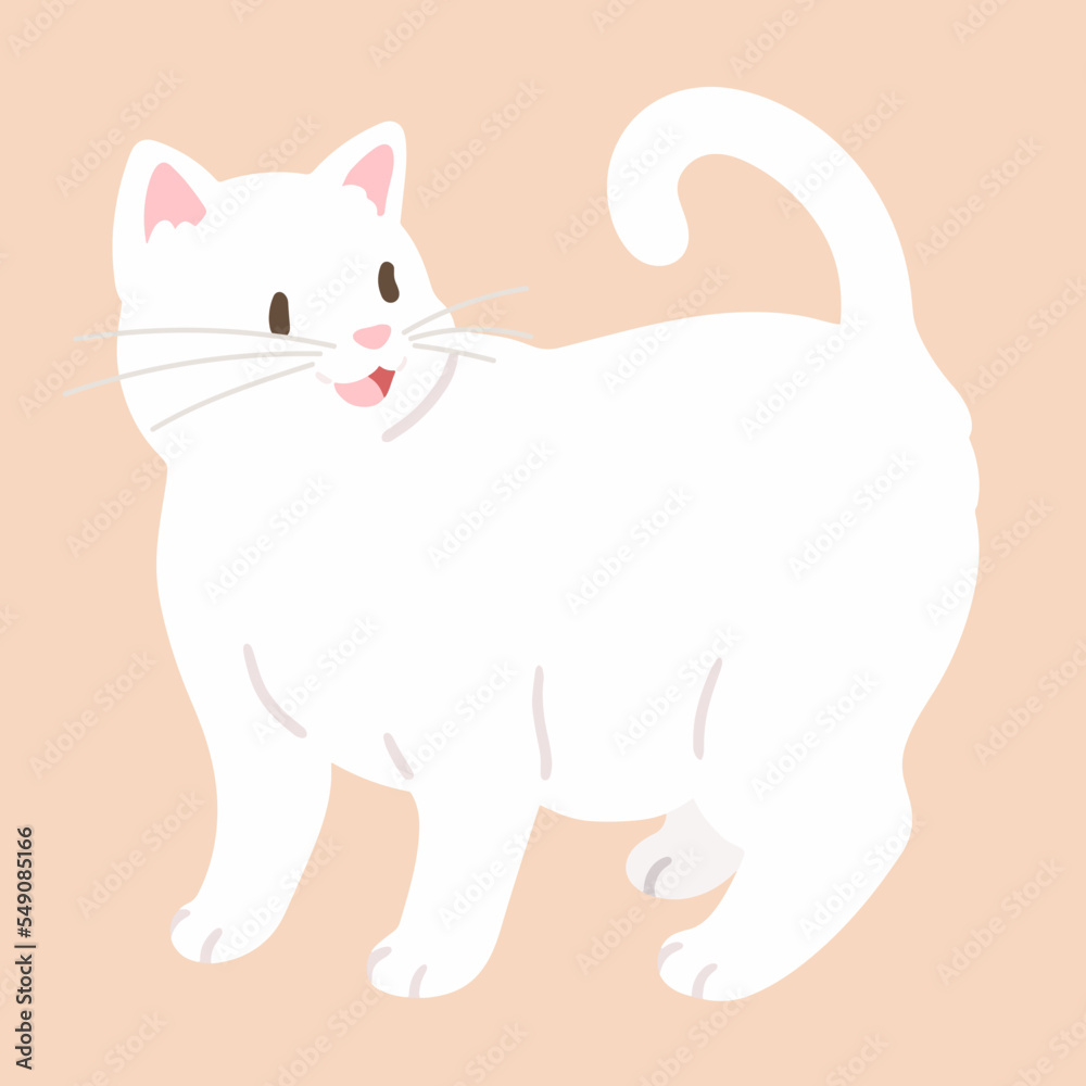 Simple and adorable illustration of happy white cat talking flat colored