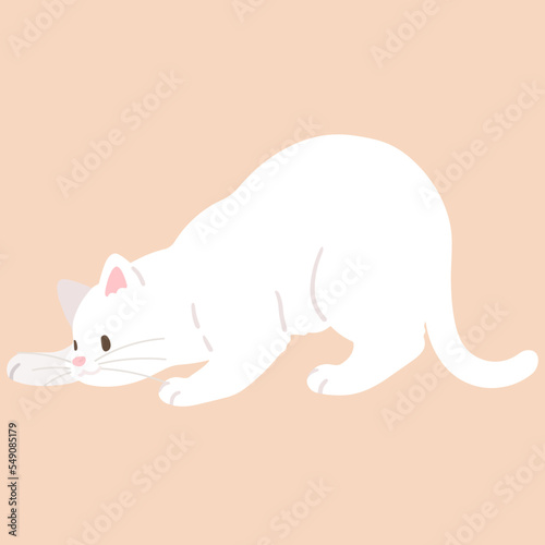 Simple and adorable illustration of white cat playing and hunting flat colored