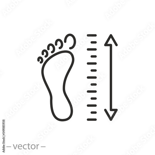 foot size measurement, choose dimension shoes, thin line symbol on white background - editable stroke vector illustration