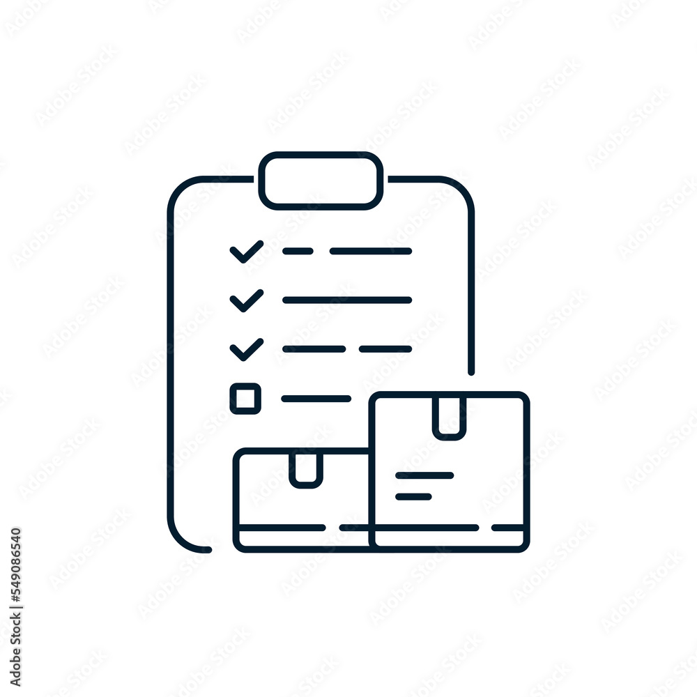 The concept of inventory, checklist of goods, delivery logistics. Vector linear icon isolated on white background. The concept of inventory, checklist of goods, delivery logistics. Vector linear icon isolated on white background.