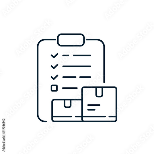 The concept of inventory, checklist of goods, delivery logistics. Vector linear icon isolated on white background.