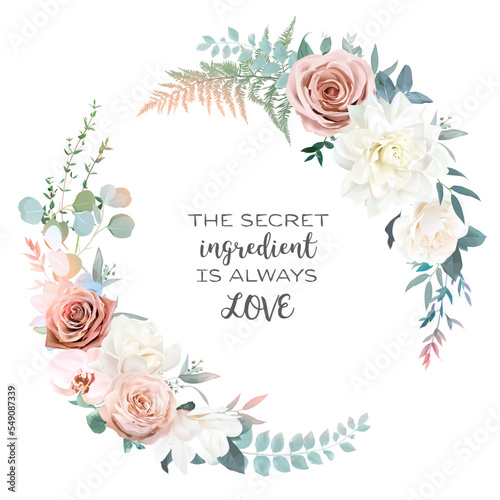 Silver sage and blush pink flowers vector round frame. Creamy beige and dusty rose, ranunculus