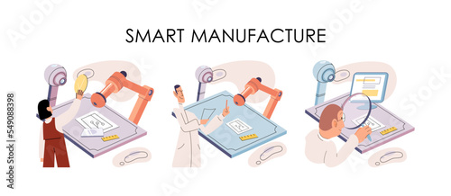 Manufacturing process industry. Scientist robot assembling products. Smart manufacture, automation development metaphor. Smart industry product design, automated production, robots and machinery 4.0