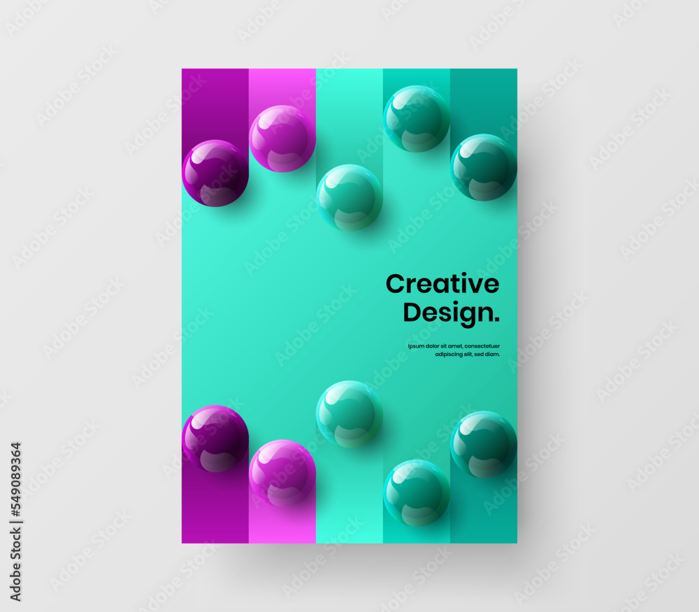 Creative journal cover design vector template. Multicolored realistic balls front page layout.