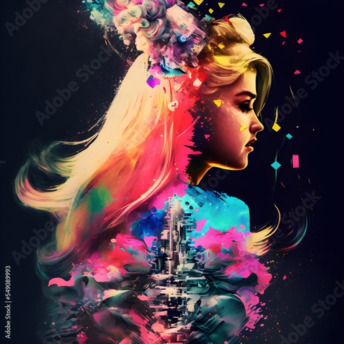 A vibrant illustration of a woman surrounded by a burst of radiant colors.
