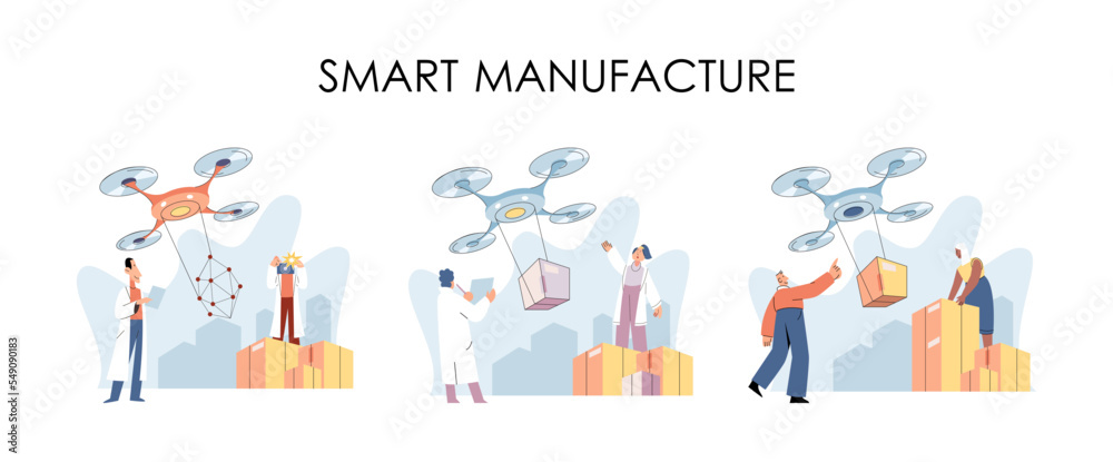 Smart logistics technology metaphor. Idea of modern transportation and distribution. People using copter delivery. Technical and science innovation. Automation and development of delivery process