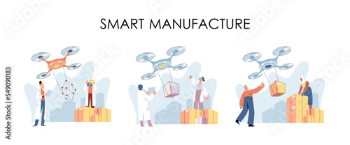 Smart logistics technology metaphor. Idea of modern transportation and distribution. People using copter delivery. Technical and science innovation. Automation and development of delivery process