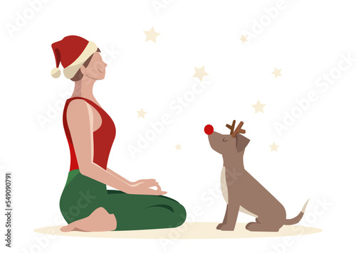 Christmas yoga relax. Flat vector concept illustration - cute woman and dog doing yoga exercises in Santa Claus disguise.