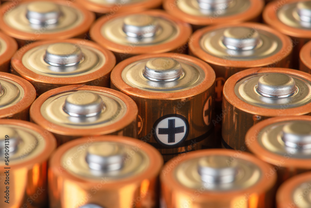 Alkaline battery size AA close-up, with positive ends Alkaline battery size AA close-up, with positive ends