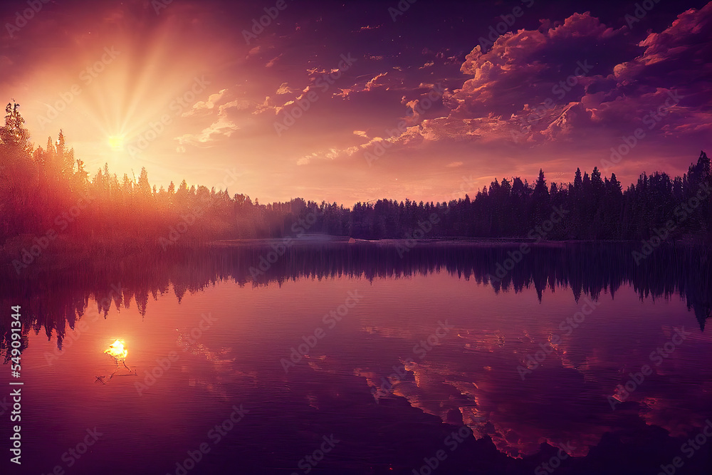 Image of a magic lake with a beautiful sunse.