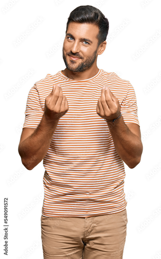 Handsome hispanic man wearing casual clothes doing money gesture with hands, asking for salary payment, millionaire business Handsome hispanic man wearing casual clothes doing money gesture with hands, asking for salary payment, millionaire business