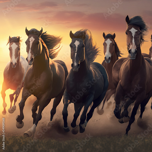 image of a herd of beautiful horses running on a sunset.