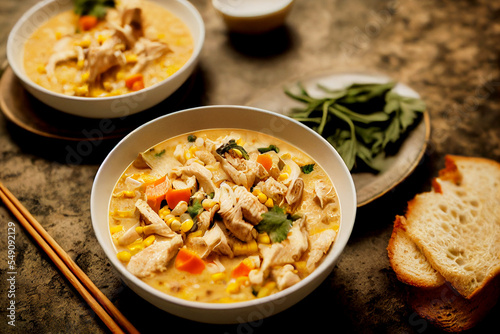 Vertical shot of Thai style delicious chicken and corn chowder Generative AI