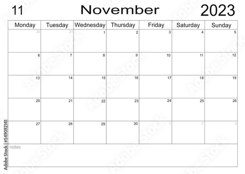 Planner for November 2023. Schedule for month. Monthly calendar. Organizer
