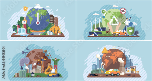 Change climate and saving planet. Dynamic processes on Earth, external influences, fluctuations in intensity of solar radiation, human activity. World Environment Day, bio technology, city on planet
