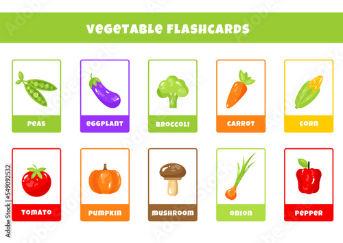 Cute cartoon vegetables with names. Flash cards for children. Logic exercises. Play and development of children. Puzzle, test, IQ for schoolchildren, preschoolers. photo