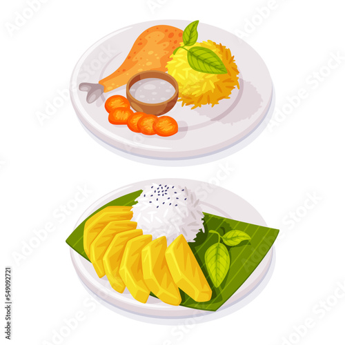 Traditional Thai Food with Rice and Curry with Fried Chicken Leg Vector Set