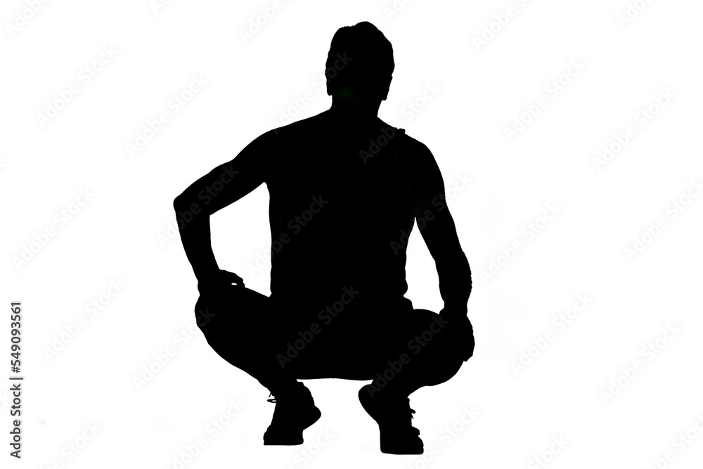 silhouette of a back view of a senior man with sportswear squatting on white background