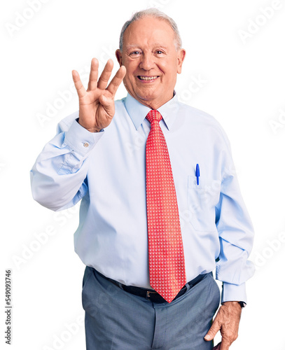 Senior handsome grey-haired man wearing elegant tie and shirt showing and pointing up with fingers number four while smiling confident and happy.