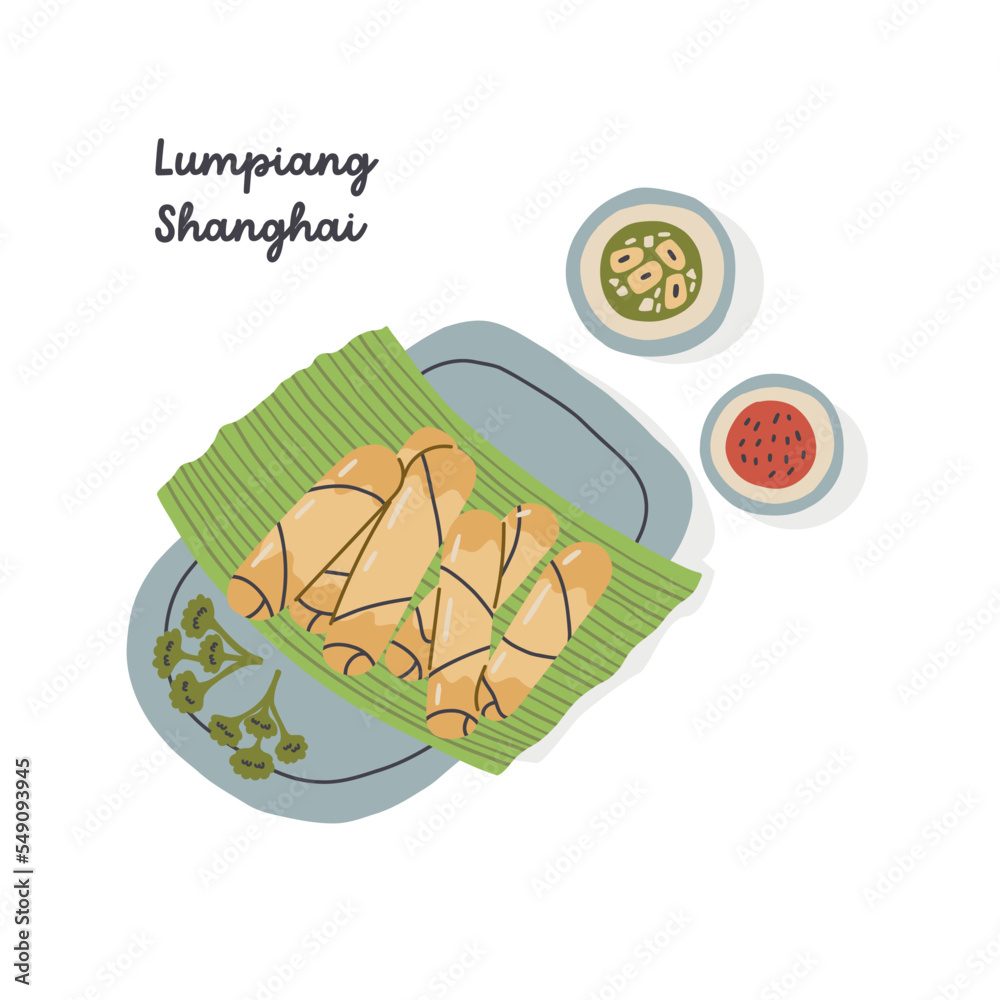 Lumpiang Shanghai dish with sauce. Filipino snack chinese spring rolls. Asian street food flat illustration on isolated white background Lumpiang Shanghai dish with sauce. Filipino snack chinese spring rolls. Asian street food flat illustration on isolated white background
