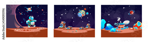 Space planet landscape set, cosmic game background with spaceship, alien fantasy asteroid surface. Futuristic night sky location banner, sci-fi environment wallpaper. Fantasy planet rock landscape