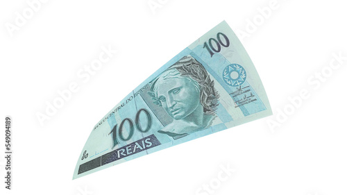 100 reais flying alone on a black background. Money from Brazil. 3d rendering. photo
