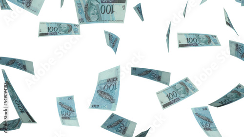 Several banknotes of money flying  on a black background. 100 reais. Money from Brazil. 3d rendering. photo