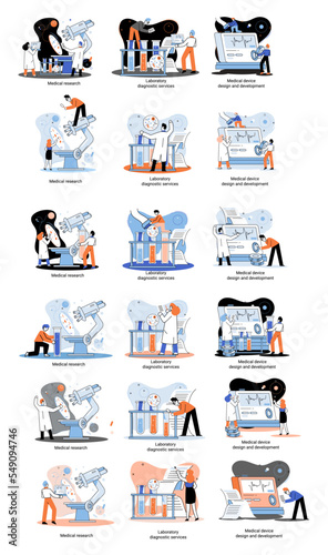 Medical research. Laboratory diagnostic services, medical device design development scenes metaphor. Scientists in hemistry clinic laboratories, microbiology pharmaceutical research. Vaccine discovery
