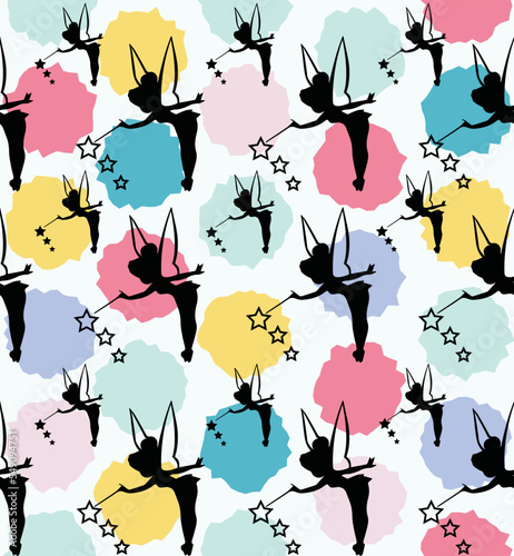 Canvas Print Seamless pattern with silhouette fairies and colorful polka dot