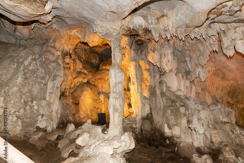 Kirklareli, Turkey November 25, 2022: Dupnisa Caves; Dry and wet caves large underground system that has been developing for about four million years. There are rich dripstone formations in the cave. photo