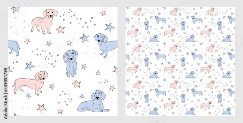 Pattern design with funny dachshund dogs doodles, seamless pattern. T-shirt textile, wrapping paper, blue background graphic design. Wallpaper for Babies and kids. Blue and Pink linen style. Stars.