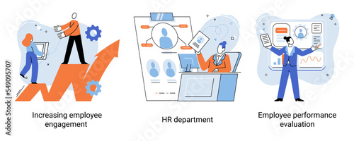 HR department work scenes set, qualified employee responsible for formation of human resources in organization. Specialist engaged in selection, adaptation, dismissal, development of personnel