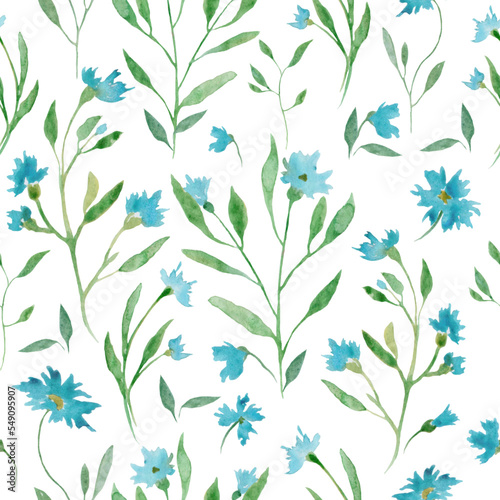 Watercolor seamless pattern with abstract blue flowers, green leaves, branches. Hand drawn floral illustration isolated on white background. For packaging, wrapping design or print.
