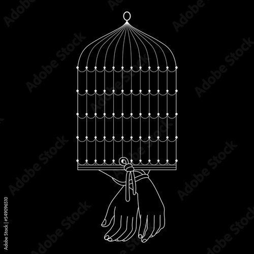 Human hands tied with rope attached to a birdscage. Symbol of unfreedom and bondage. White linear silhouette on black background.