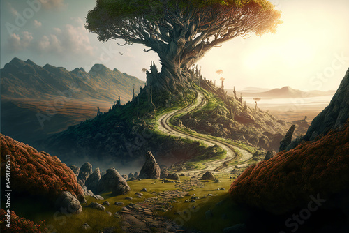 Surreal giant tree on top of a hill, detailed, path up the hill, vast landscape