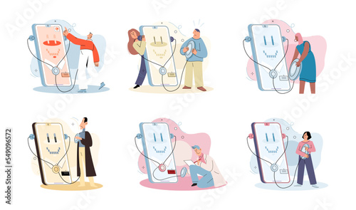 Online medical consultation and support metaphor. Online doctor. Healthcare services, Ask doctor. Tele medicine e-health service. Therapist videocalling phone screen. Diagnosis treatment of patients