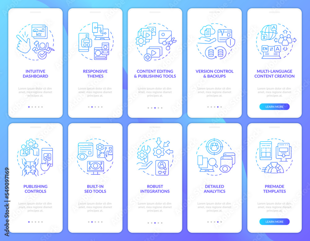 CMS functionalities blue gradient onboarding mobile app screen set. Walkthrough 5 steps graphic instructions with linear concepts. UI, UX, GUI template. Myriad Pro-Bold, Regular fonts used