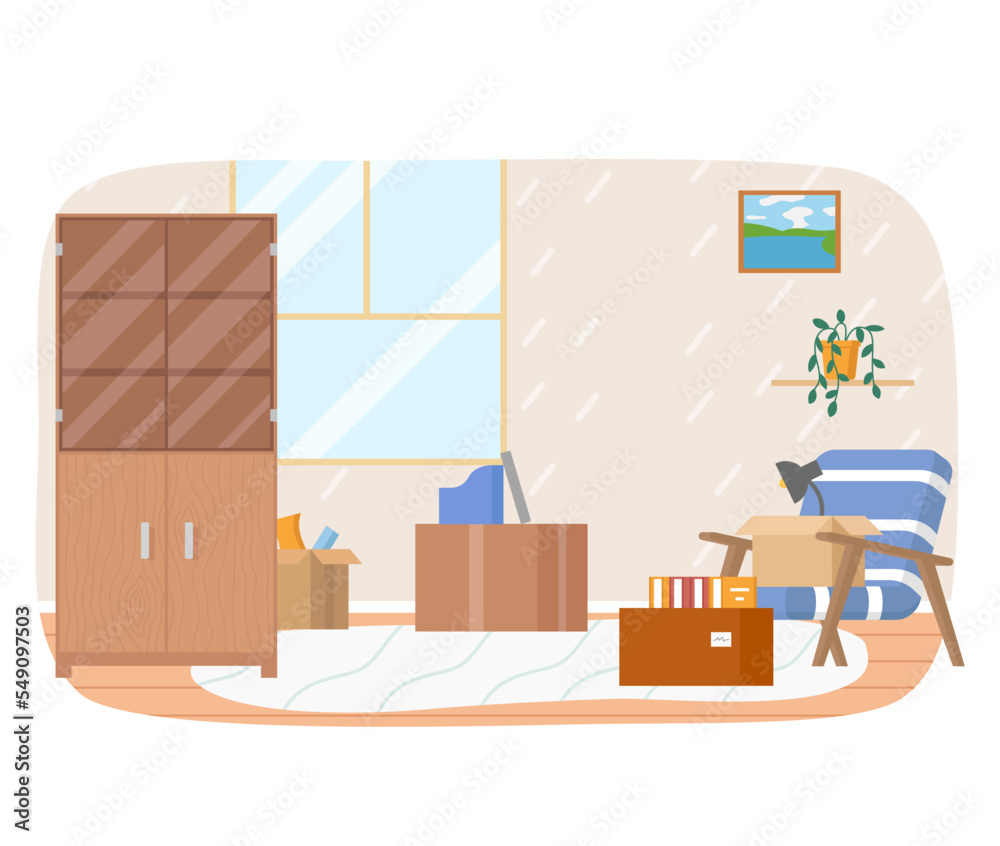 Living room interior. Premice with bookcase and chair, decor accessories. Planning and arrangement of furniture in room for rest. Place to work or study next to window. Comfortable apartment