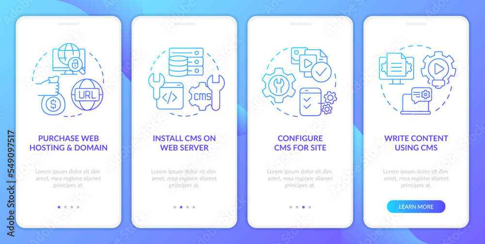 Develop website with CMS blue gradient onboarding mobile app screen. Walkthrough 4 steps graphic instructions with linear concepts. UI, UX, GUI template. Myriad Pro-Bold, Regular fonts used