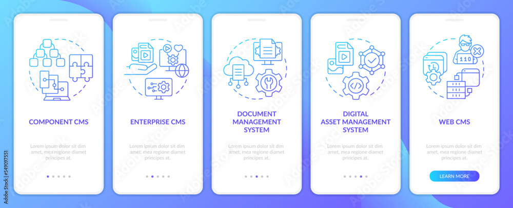 CMS types blue gradient onboarding mobile app screen. Digital platforms walkthrough 5 steps graphic instructions with linear concepts. UI, UX, GUI template. Myriad Pro-Bold, Regular fonts used
