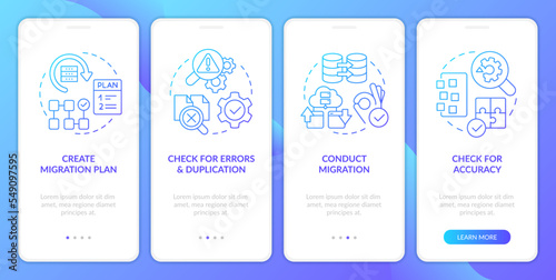 Website data migration blue gradient onboarding mobile app screen. Walkthrough 4 steps graphic instructions with linear concepts. UI, UX, GUI template. Myriad Pro-Bold, Regular fonts used