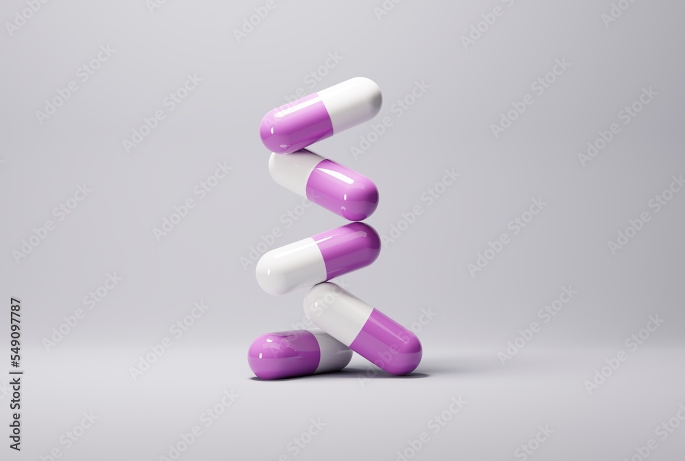 Tablets, pink capsules on a light background. Treatment, medical and pharmaceutical concept. Treating sick people, taking care of patients. 3D render, 3D illustration. Tablets, pink capsules on a light background. Treatment, medical and pharmaceutical concept. Treating sick people, taking care of patients. 3D render, 3D illustration.